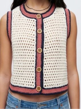 RE/Done Crochet Button-Front Sleeveless Sweater Vest